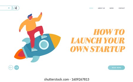 Creative Business Innovation, New Successful Project Startup Website Landing Page. Business Man Character Flying on Rocket to Aim. Marketing Strategy Web Page Banner. Cartoon Flat Vector Illustration