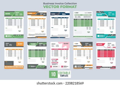 Creative business invoice bundle with green and yellow colors. Print-ready invoice template collection for corporate business. Simple invoice and billing paper set design with abstract shapes.
