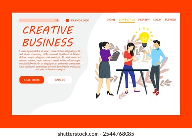 Creative business landing page template. Business peoples working in friendly workplace. Coworking, teamwork, idea, communication, interaction. 