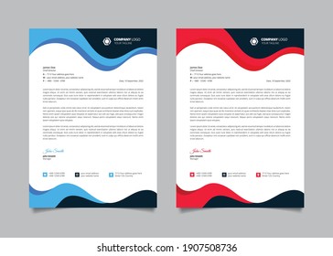 Creative business letterhead design template set with red and blue color wavy shape