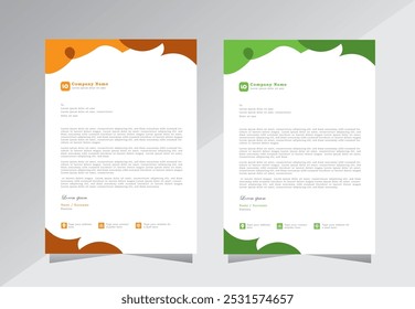 Kreatives Business-Briefkopfvorlagen-Design mit grüner und orangefarbener Farbe, Briefkopfvorlagen im A4-Format mit abstraktem Design, Vektor-Briefkopfvorlagen für Unternehmen,