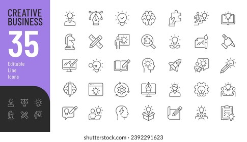 Juego de iconos editables de línea de negocio creativa. Ilustración vectorial en línea delgada estilo moderno de iconos relacionados con la creatividad: ideas, desarrollos, innovaciones, diseño y más. Aislado sobre blanco