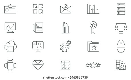 Creative business line icon set. Business strategy, Business solutions, Action List, research, solution, team, marketing, startup, advertising, business process, management outline icon collection.