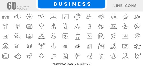 Creative business line icon set. Business strategy, Business solutions, Action List, research, solution, team, marketing, startup, advertising, business process, management outline icon collection.