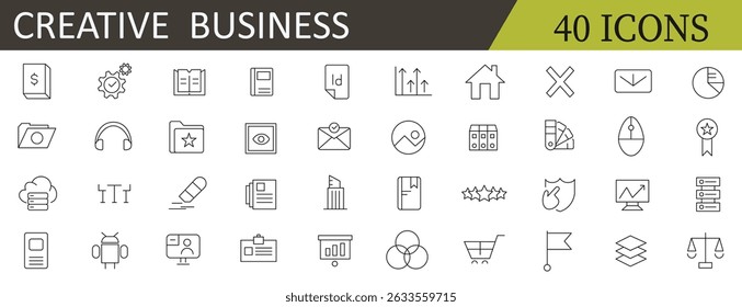 Creative business line icon set. Business strategy, Business solutions, research, solution, team, marketing, startup, advertising, business process and management related  outline icon collection.