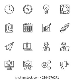 Creative business line icons set, outline vector symbol collection, linear style pictogram pack. Signs, logo illustration. Set includes icons as startup rocket launch, business strategy planning, idea