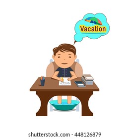 Creative business man sitting at office table and dreaming about vacation . vector illustrations