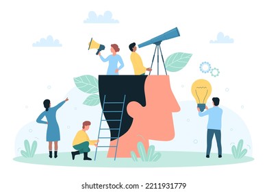 Creative business mindset vector illustration. Cartoon tiny people inside abstract human head of businessman looking ahead through telescope in future, holding light bulb, finding ideas and thinking