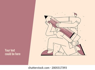 Creative and business people or designers are holding a large pencil. Creative banner, advertisement, web page, poster for web or ui design studio, digital painting or educational courses.
