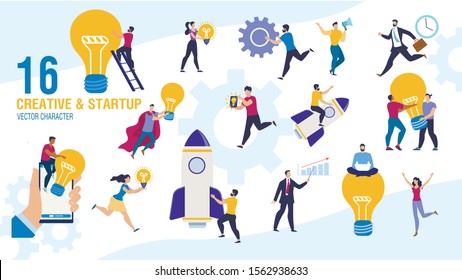 Creative Business People Launching Startup Trendy Flat Vector Characters Set. Businesspeople Female, Male Characters Generating Ideas, Starting Successful Business, Making Inventions Illustration