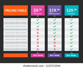 Creative business plans web comparison pricing table. Design modern banner list. Abstract concept graphic websites, applications element. Vector EPS10 illustration. Colorful 3d chart.