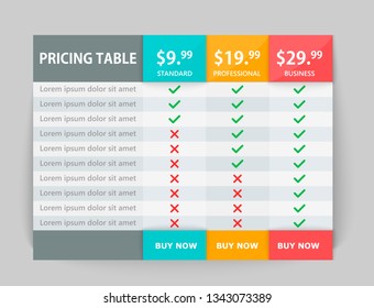 Creative business plans web comparison pricing table. Design modern banner list. Abstract concept graphic websites, applications element. Vector EPS10 illustration. Colorful 3d chart.