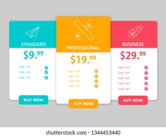 Creative business plans web comparison pricing table. Design modern banner list. Abstract concept graphic websites, applications element. Vector EPS10 illustration. Colorful 3d chart.