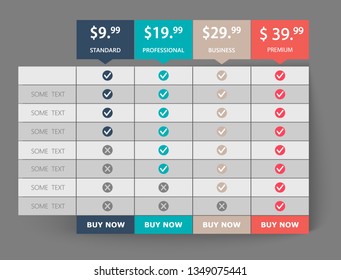 Creative Business Plans Web Comparison Pricing Table. Design Modern Banner List. Abstract Concept Graphic Websites, Applications Element. Vector EPS10 Illustration. Colorful 3d Chart.