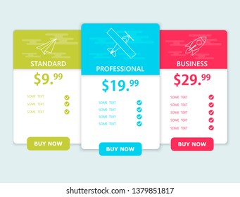 Creative business plans web comparison pricing table. Design modern banner list. Abstract concept graphic websites, applications element. Vector EPS10 illustration. Colorful 3d chart.