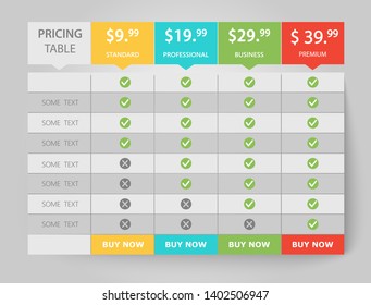 Creative business plans web comparison pricing table. Design modern banner list. Abstract concept graphic websites, applications element. Vector EPS10 illustration. Colorful 3d chart.