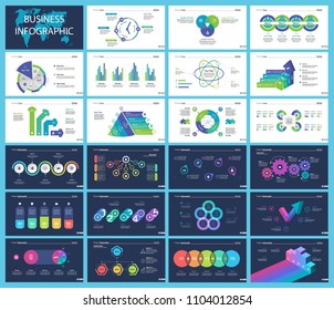 Creative business presentation slide for management concept. Can be used for business project, annual report, web design. Pie chart, process chart, venn chart, bar graph, flowchart, comparison diagram