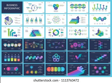 Creative business presentation slide for management concept. Can be used for business project, annual report, web design. Pie chart, process chart, venn chart, bar graph, flowchart, comparison diagram