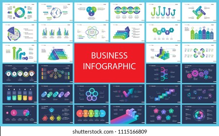 Creative business presentation slide for management concept. Can be used for business project, annual report, web design. Pie chart, process chart, venn chart, bar graph, flowchart, comparison diagram