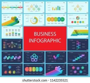 Creative business presentation slide for management concept. Can be used for business project, annual report, web design. Pie chart, process chart, venn chart, bar graph, flowchart, comparison diagram