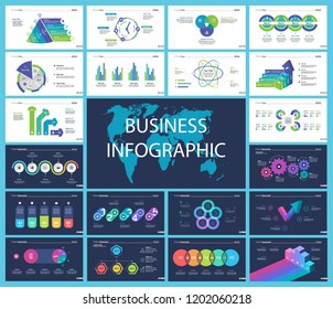 Creative business presentation slide for management concept. Can be used for business project, annual report, web design. Pie chart, process chart, venn chart, bar graph, flowchart, comparison diagram