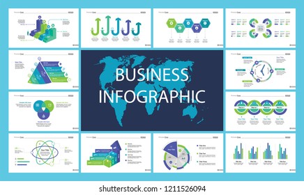 Creative business presentation slide for management concept. Can be used for business project, annual report, web design. Pie chart, process chart, venn chart, bar graph, flowchart, comparison diagram