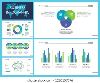 Creative business presentation slide for management concept. Can be used for business project, annual report, web design. Pie chart, process chart, venn chart, bar graph, flowchart, comparison diagram
