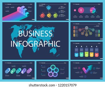 Creative business presentation slide for management concept. Can be used for business project, annual report, web design. Pie chart, process chart, venn chart, bar graph, flowchart, comparison diagram