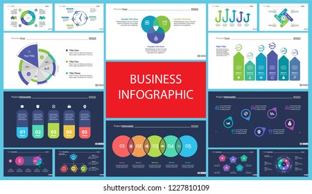 Creative business presentation slide for management concept. Can be used for business project, annual report, web design. Pie chart, process chart, venn chart, bar graph, flowchart, comparison diagram
