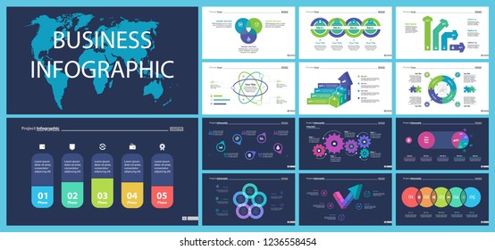 Creative business presentation slide for management concept. Can be used for business project, annual report, web design. Pie chart, process chart, venn chart, bar graph, flowchart, comparison diagram