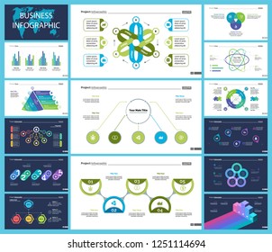 Creative business presentation slide for management concept. Can be used for business project, annual report, web design. Pie chart, process chart, venn chart, bar graph, flowchart, comparison diagram