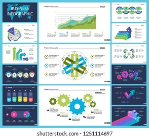 Creative business presentation slide for management concept. Can be used for business project, annual report, web design. Pie chart, process chart, venn chart, bar graph, flowchart, comparison diagram