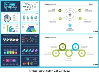 Creative business presentation slide for management concept. Can be used for business project, annual report, web design. Pie chart, process chart, venn chart, bar graph, flowchart, comparison diagram