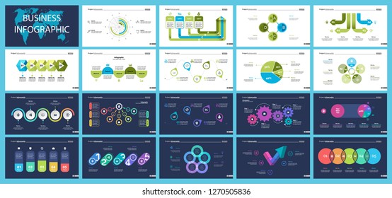 Creative business presentation slide for management concept. Can be used for business project, annual report, web design. Pie chart, process chart, venn chart, bar graph, flowchart, comparison diagram