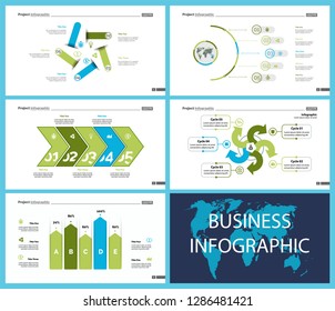 Creative business presentation slide for management concept. Can be used for business project, annual report, web design. Pie chart, process chart, venn chart, bar graph, flowchart, comparison diagram