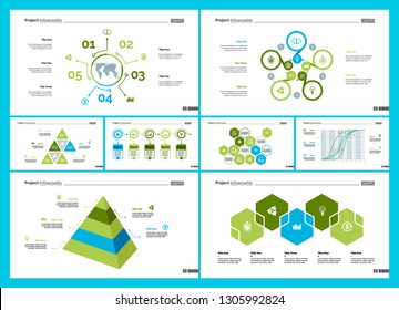 Creative business presentation slide for management concept. Can be used for business project, annual report, web design. Pie chart, process chart, venn chart, bar graph, flowchart, comparison diagram