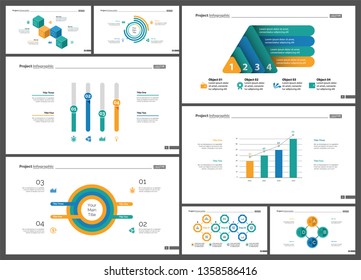 Creative business presentation slide for management concept. Can be used for business project, annual report, web design. Pie chart, process chart, venn chart, bar graph, flowchart, comparison diagram