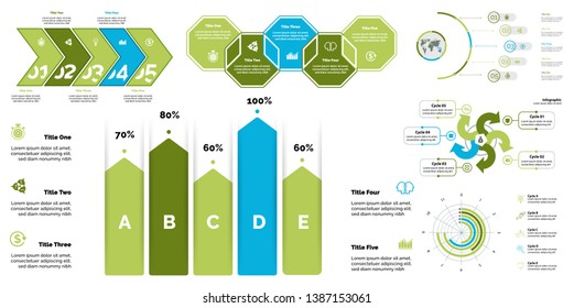 Creative business presentation slide for management concept. Can be used for business project, annual report, web design. Pie chart, process chart, venn chart, bar graph, flowchart, comparison diagram