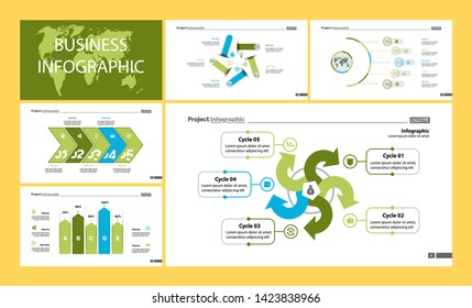 Creative business presentation slide for management concept. Can be used for business project, annual report, web design. Pie chart, process chart, venn chart, bar graph, flowchart, comparison diagram