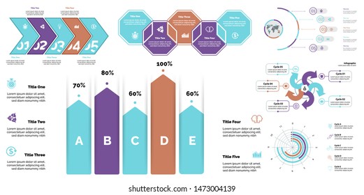 Creative business presentation slide for management concept. Can be used for business project, annual report, web design. Pie chart, process chart, venn chart, bar graph, flowchart, comparison diagram