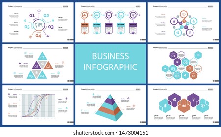 Creative business presentation slide for management concept. Can be used for business project, annual report, web design. Pie chart, process chart, venn chart, bar graph, flowchart, comparison diagram