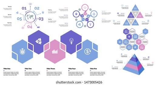 Creative business presentation slide for management concept. Can be used for business project, annual report, web design. Pie chart, process chart, venn chart, bar graph, flowchart, comparison diagram
