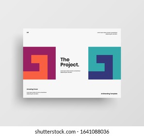 Creative business presentation vector A4 horizontal orientation front page mock up. Modern corporate report cover abstract geometric illustration design layout. Company identity brochure template.