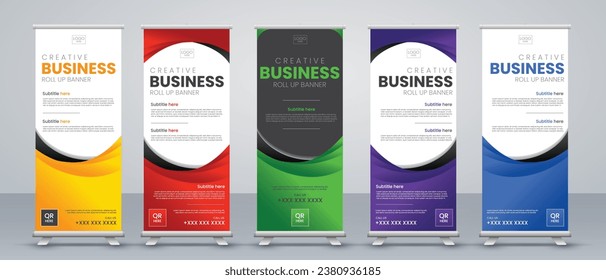 Creative Business roll up banner design for business events, annual meetings, presentations, marketing, promotions, with red, blue, green, orange, and purple print ready colors
 for x stand and banner