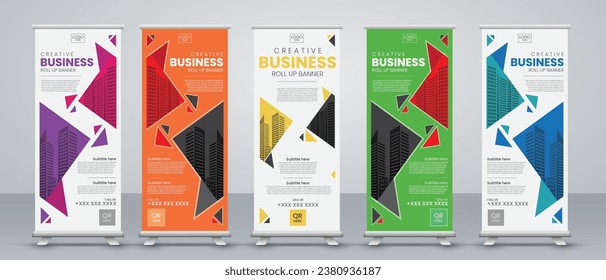 Creative Business roll up banner design for business events, annual meetings, presentations, marketing, promotions, with red, blue, green, orange, and purple print ready colors
 for x stand and banner