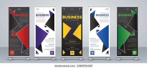 Creative Business roll up banner design for business events, annual meetings, presentations, marketing, promotions, with red, blue, green, orange, and purple print ready colors
 for x stand and banner