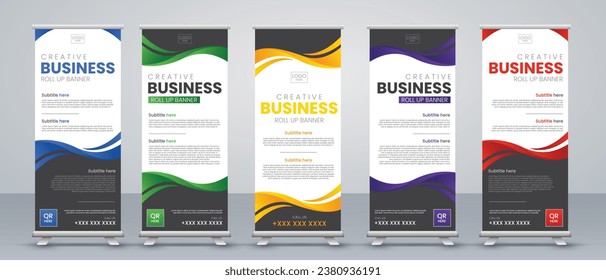 Diseño de banners de Creative Business roll up para eventos de negocios, reuniones anuales, presentaciones, marketing, promociones, con colores listos para imprimir en rojo, azul, verde, naranja y morado
 para x stand y banner