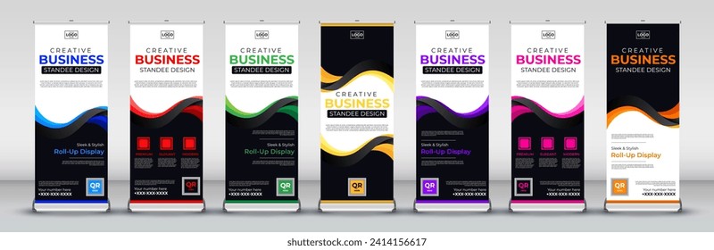 creative Business roll up banner design for business events, annual meetings, presentations, marketing, promotions, in blue, red, green, yellow, purple, pink and orange print ready colors