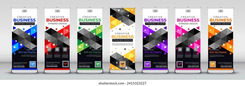 Creative Business roll up banner design for business events, annual meetings, presentations, marketing, promotions in blue, red, green, yellow, purple, pink, orange and black