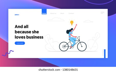 Creative Business Solution Banner Concept. Happy Businesswoman Character on a bike Lightbulb. Symbol of Leadership, Brainstorming, New Idea, Innovations, Success Website, Landing Page. Vector flat